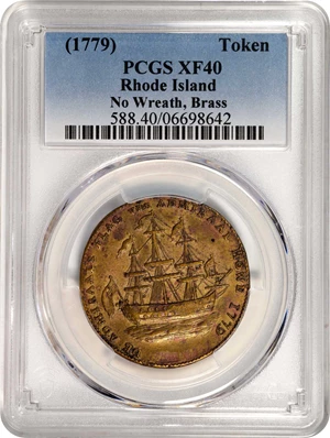 image for: "1778-1779" (ca. 1780) Rhode Island Ship Medal. Betts-562, W-1730. Without Wreath Below Ship. Brass. EF-40 (PCGS).