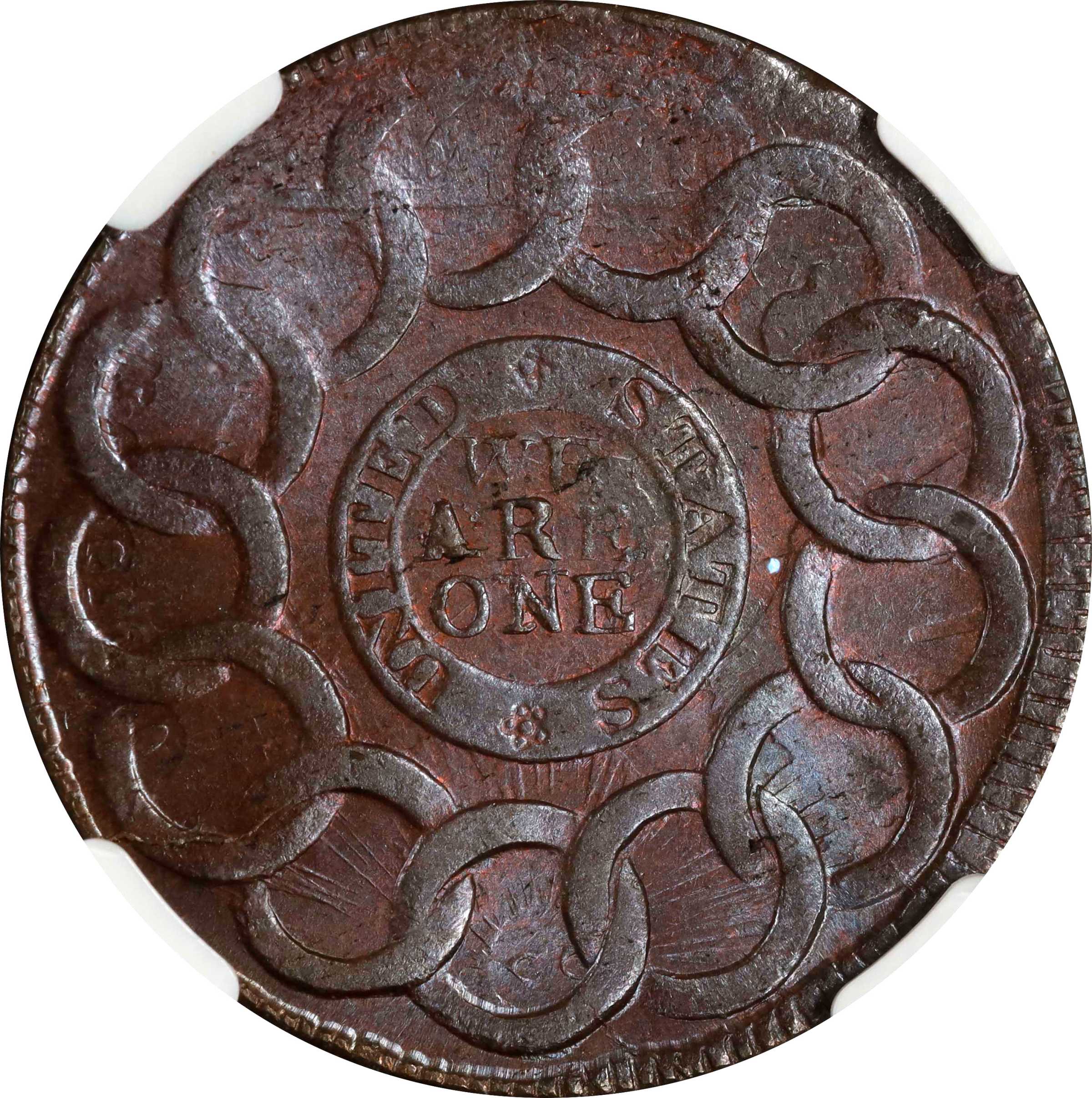 image for: 1787 Fugio Cent. Pointed Rays. Newman 8-B, W-6740. Rarity-2. UNITED STATES, 4 Cinquefoils. MS-64 RB (NGC).