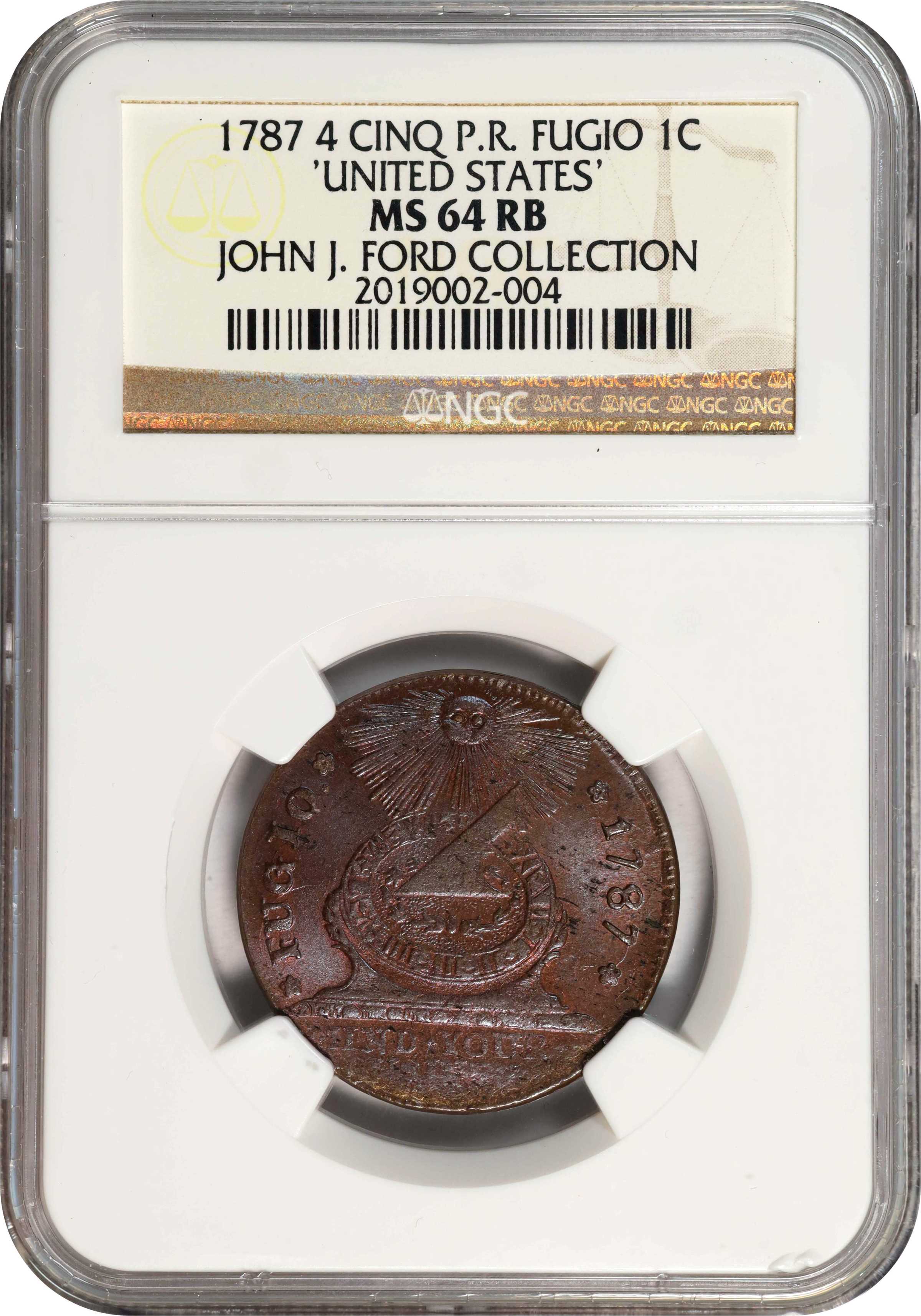 image for: 1787 Fugio Cent. Pointed Rays. Newman 8-B, W-6740. Rarity-2. UNITED STATES, 4 Cinquefoils. MS-64 RB (NGC).