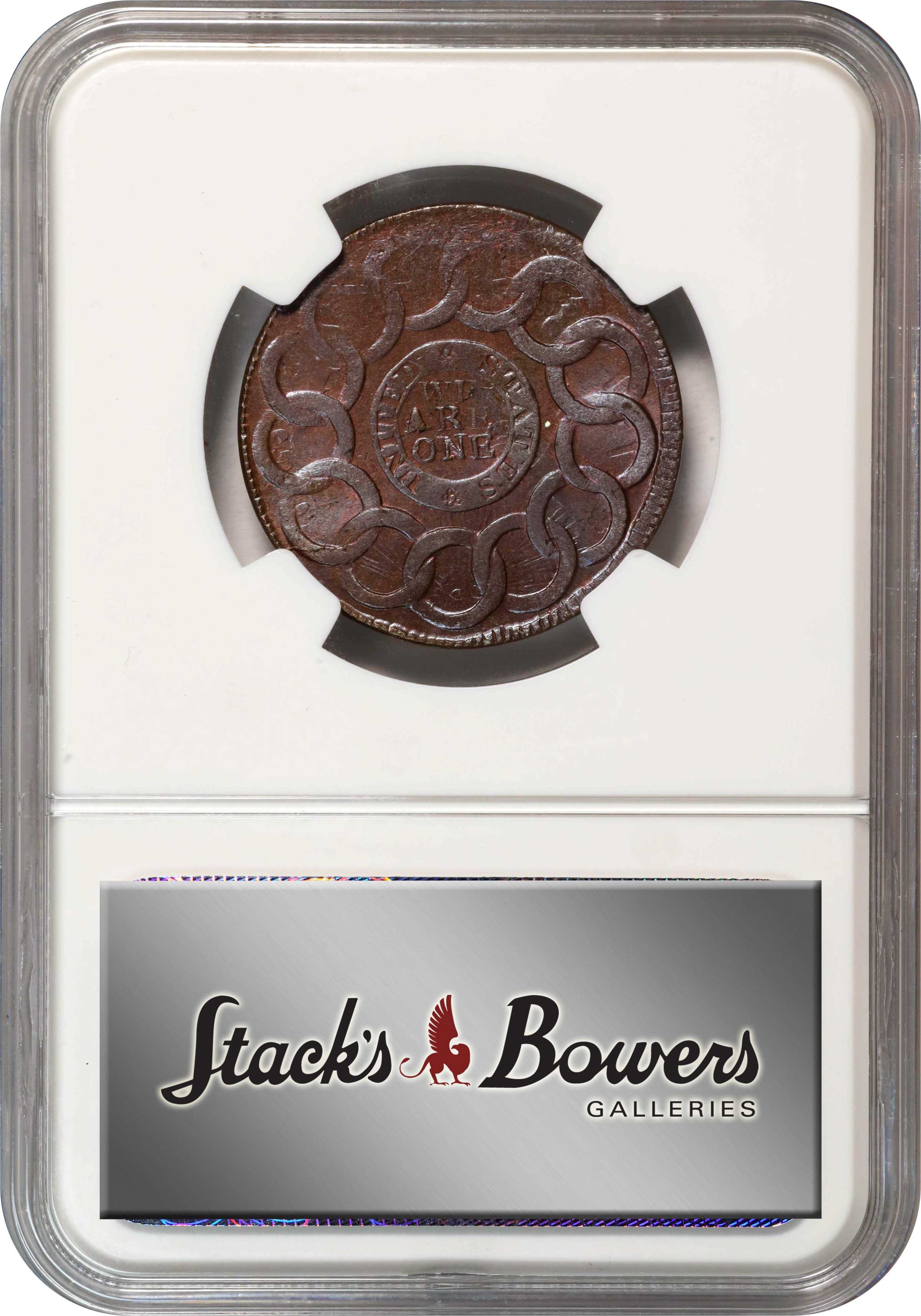 image for: 1787 Fugio Cent. Pointed Rays. Newman 8-B, W-6740. Rarity-2. UNITED STATES, 4 Cinquefoils. MS-64 RB (NGC).