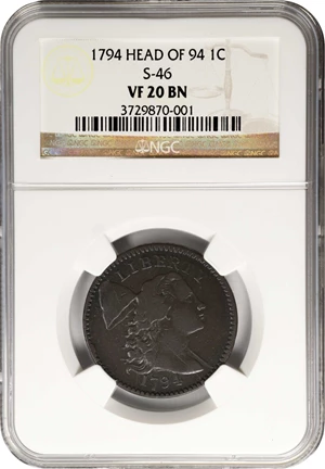 image for: 1794 Liberty Cap Cent. S-46. Rarity-3. Head of 1794. VF-20 (NGC).
