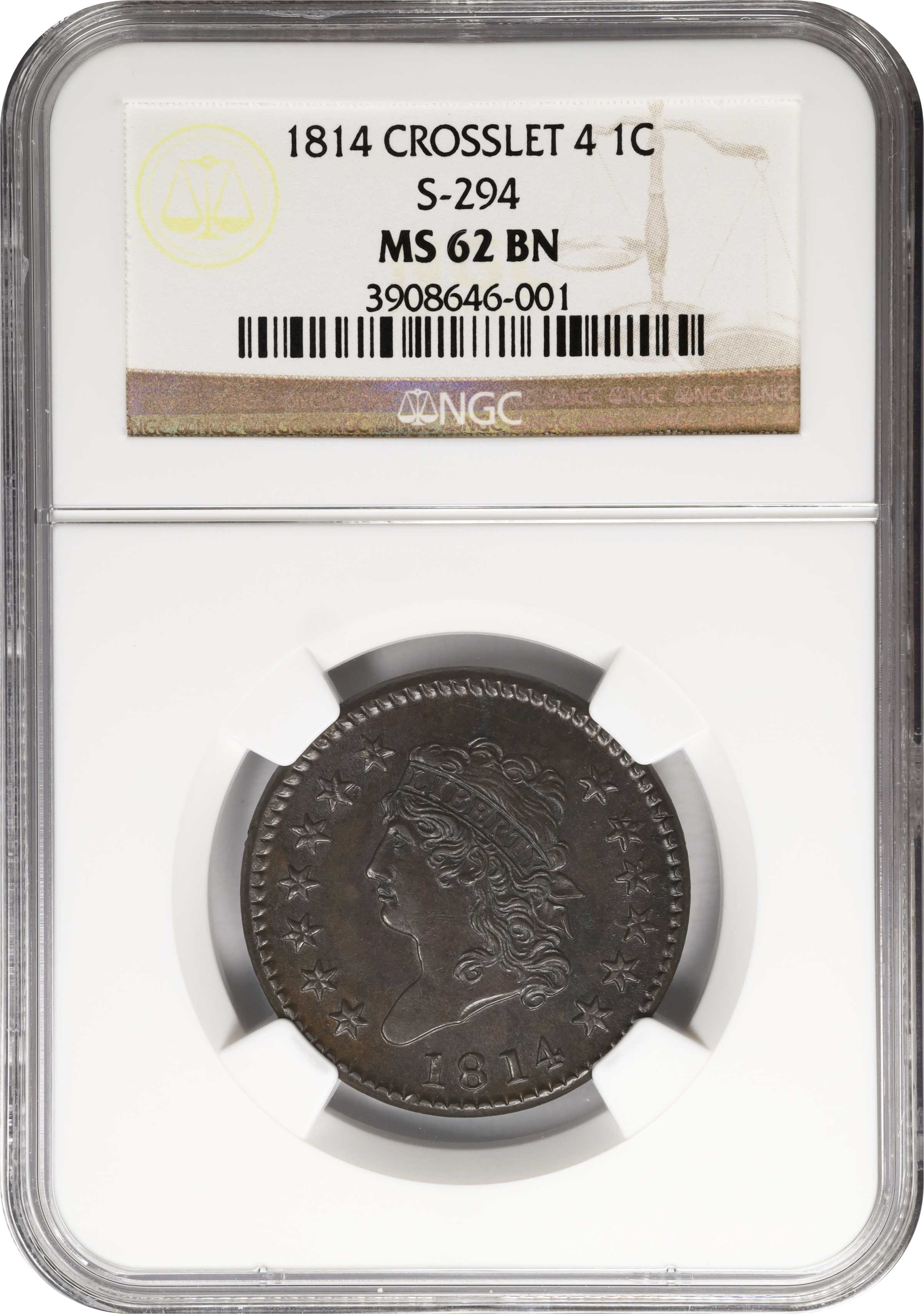 image for: 1814 Classic Head Cent. S-294. Rarity-1. Crosslet 4. MS-62 BN (NGC).