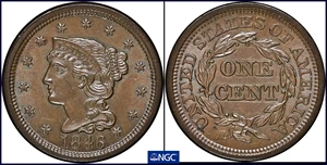 image for: 1846 Braided Hair Cent. N-14. Rarity-2. Tall Date. MS-65 BN (NGC).