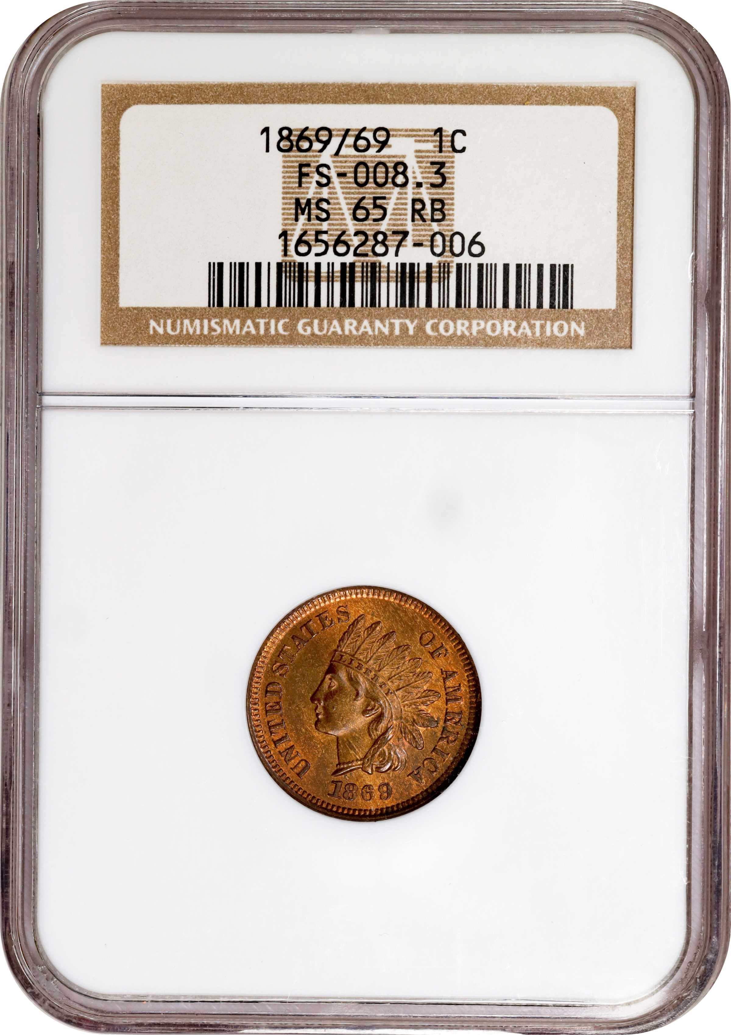 image for: 1869/69 Indian Cent. Snow-3, FS-301. Repunched Date. MS-65 RB (NGC).