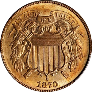image for: 1870 Two-Cent Piece. MS-64 RD (PCGS).