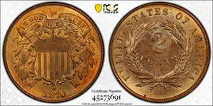 image for: 1870 Two-Cent Piece. MS-64 RD (PCGS).