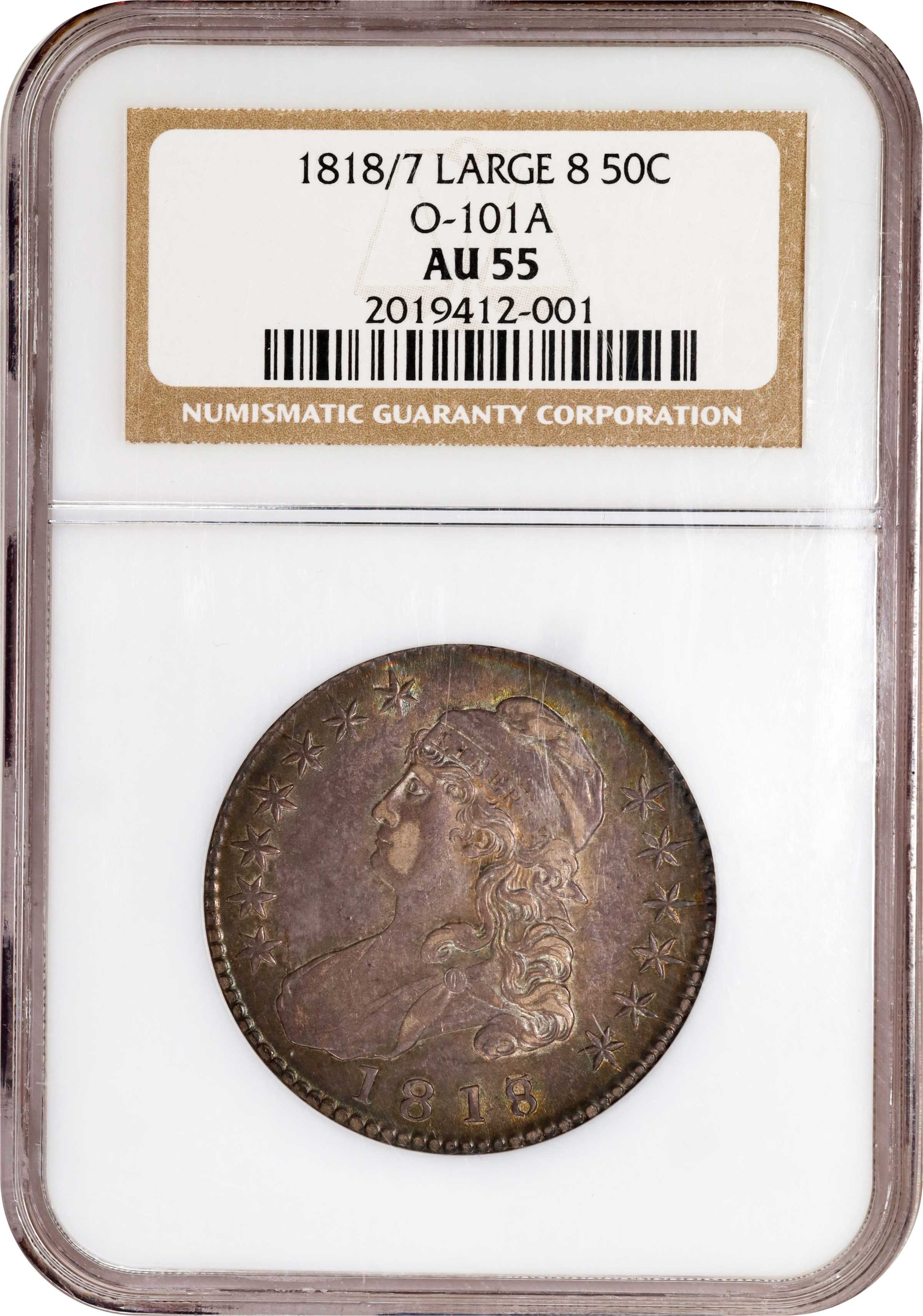 image for: 1818/7 Capped Bust Half Dollar. O-101a. Rarity-1. Large 8. AU-55 (NGC).