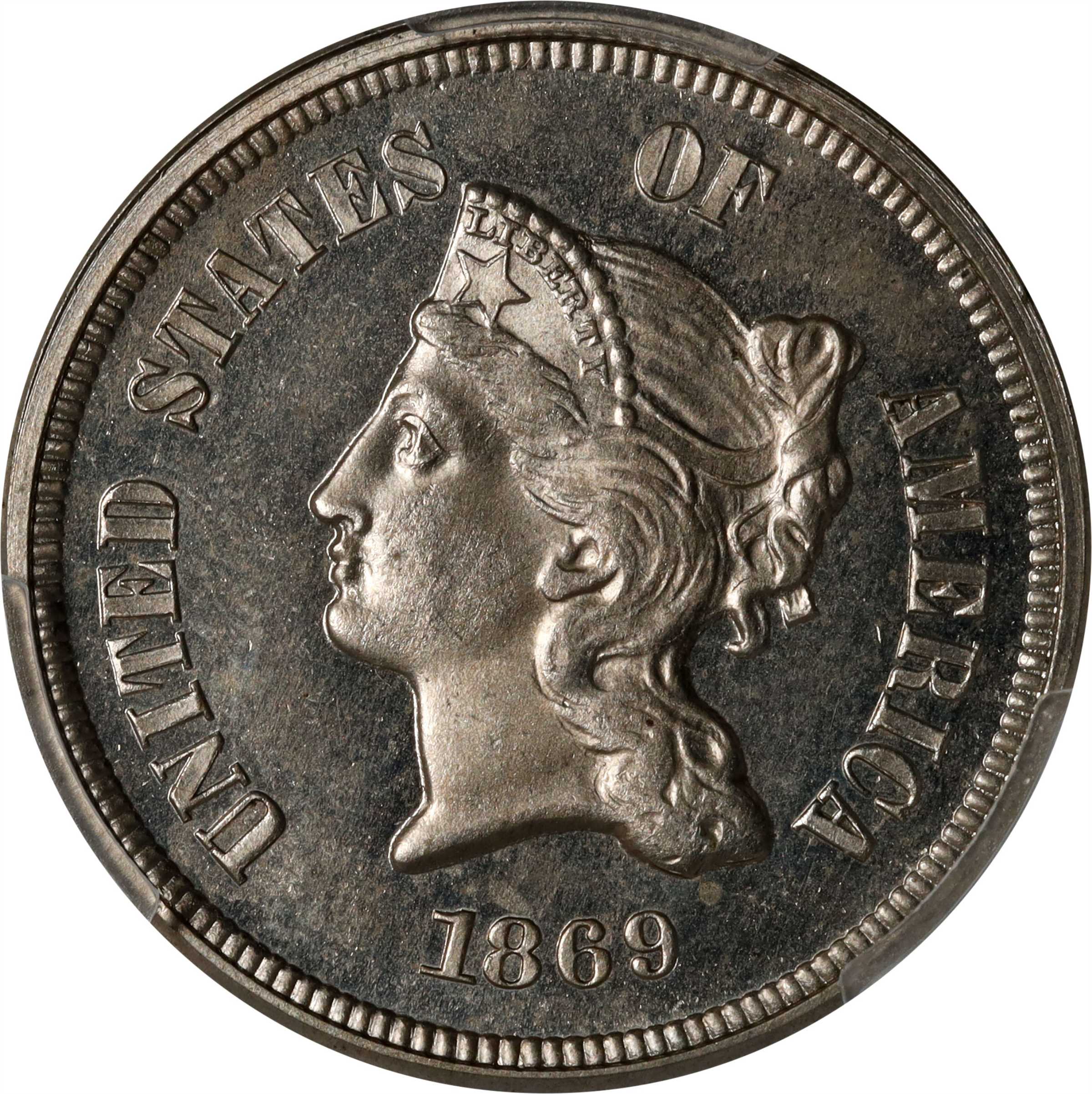 image for: 1869 Pattern Five Cents. Judd-684, Pollock-763. Rarity-5. Nickel. Plain Edge. Proof-65 (PCGS).