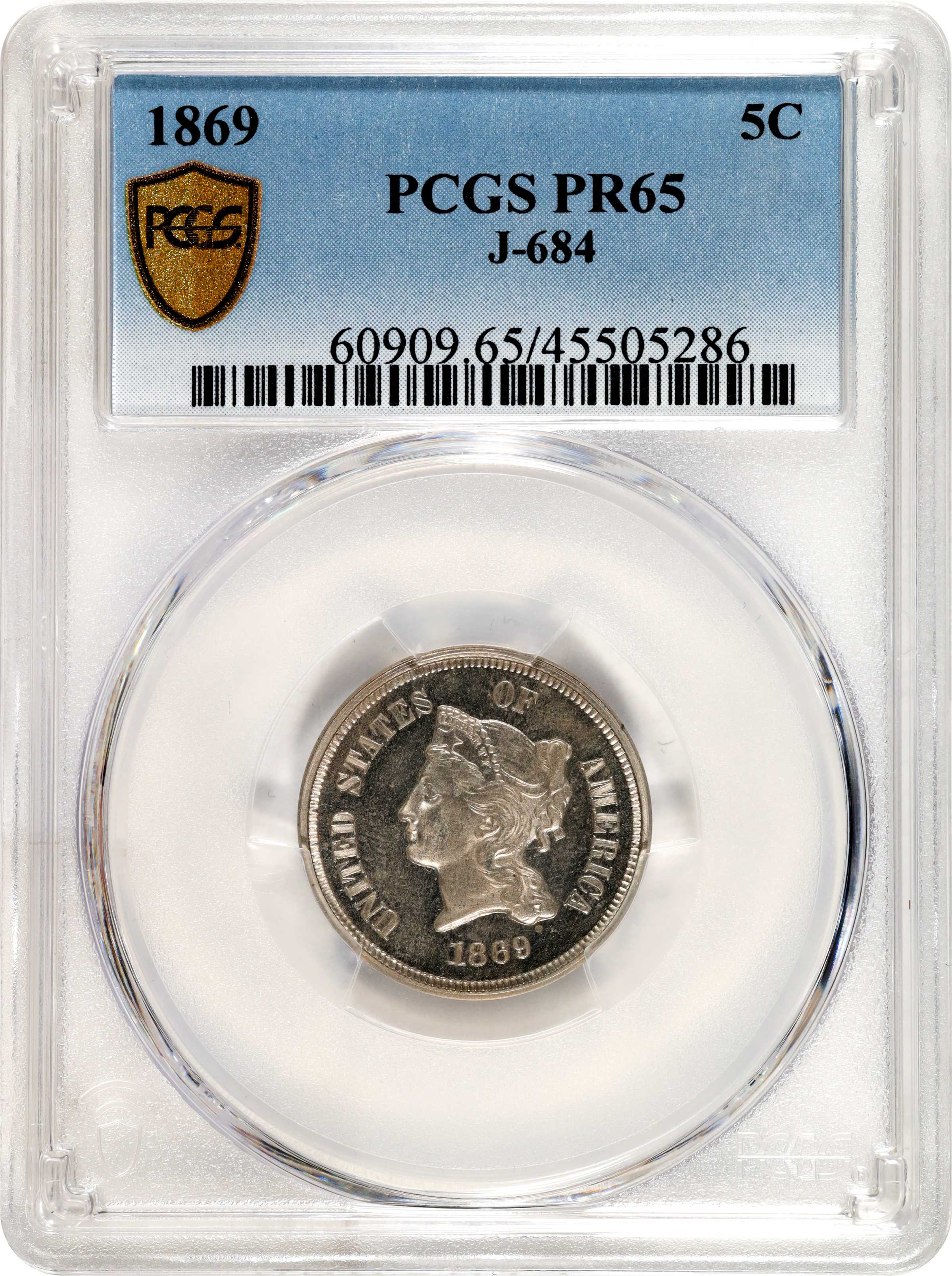 image for: 1869 Pattern Five Cents. Judd-684, Pollock-763. Rarity-5. Nickel. Plain Edge. Proof-65 (PCGS).