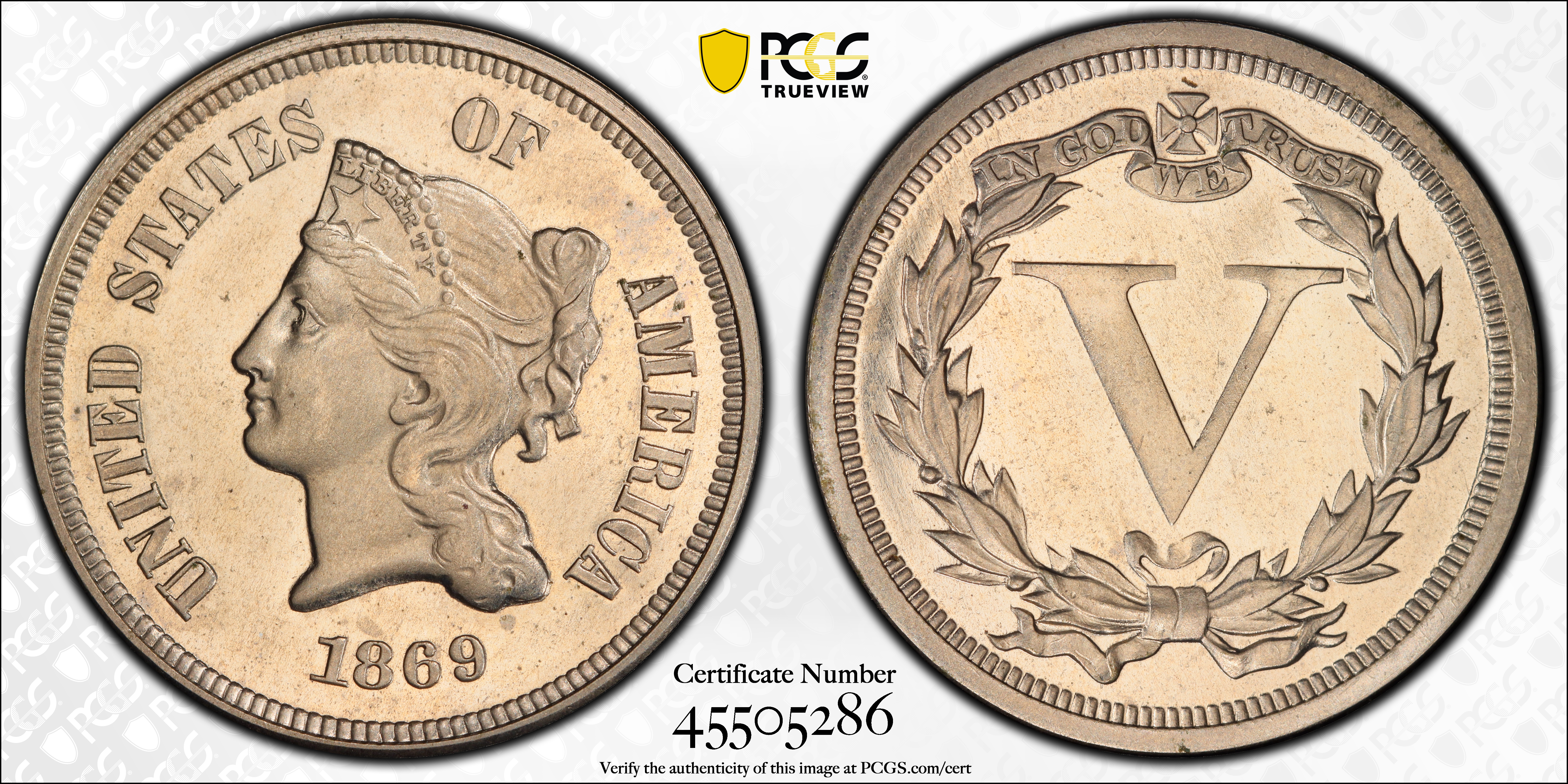 image for: 1869 Pattern Five Cents. Judd-684, Pollock-763. Rarity-5. Nickel. Plain Edge. Proof-65 (PCGS).
