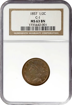 image for: 1857 Braided Hair Half Cent. C-1, the only known dies. Rarity-2. MS-63 BN (NGC).