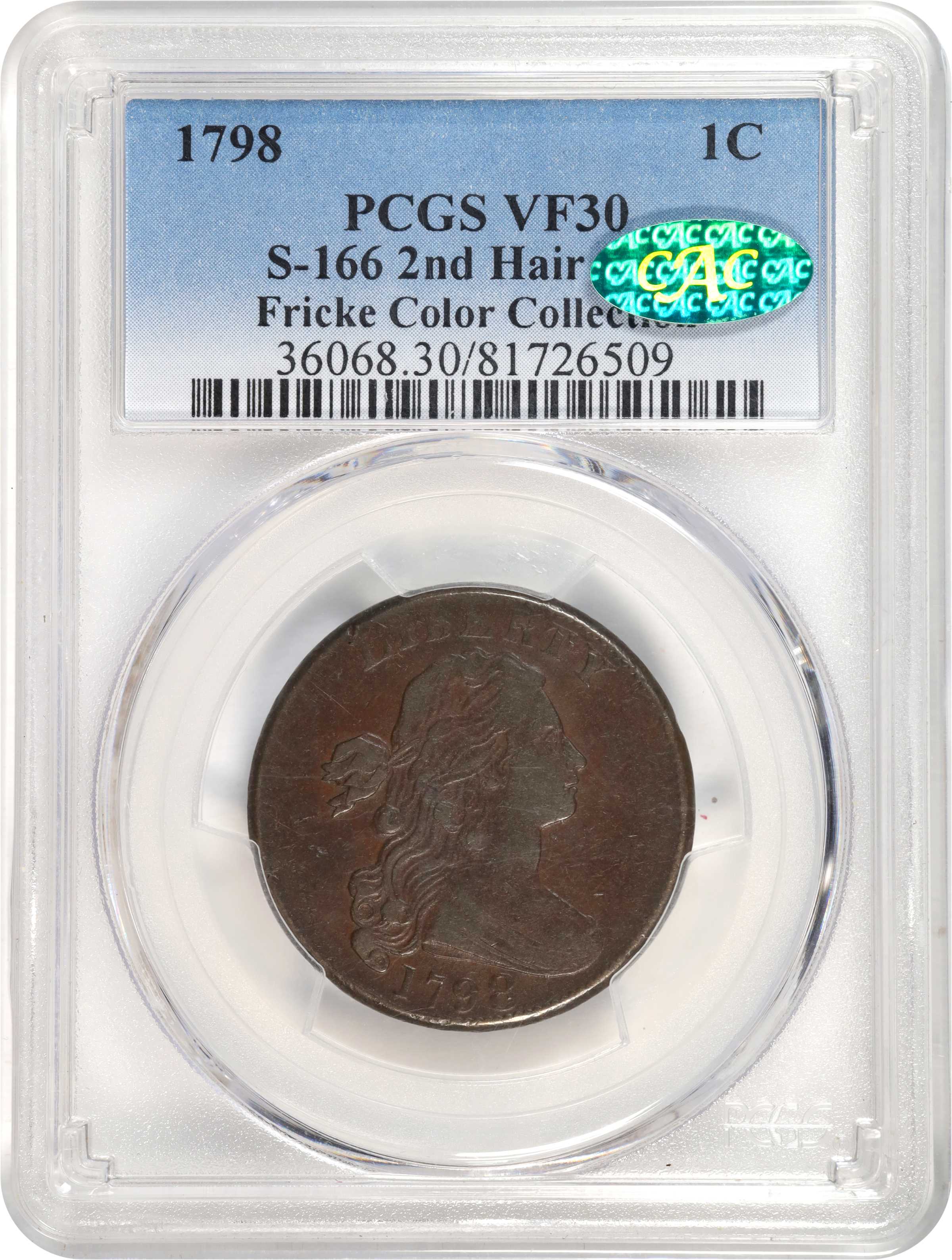 image for: 1798 Draped Bust Cent. S-166. Rarity-1. Style II Hair. VF-30 (PCGS). CAC.