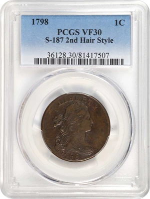 image for: 1798 Draped Bust Cent. S-187. Rarity-1. Style II Hair. VF-30 (PCGS).