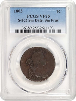 image for: 1803 Draped Bust Cent. S-263. Rarity-3. Small Date, Small Fraction. VF-25 (PCGS).