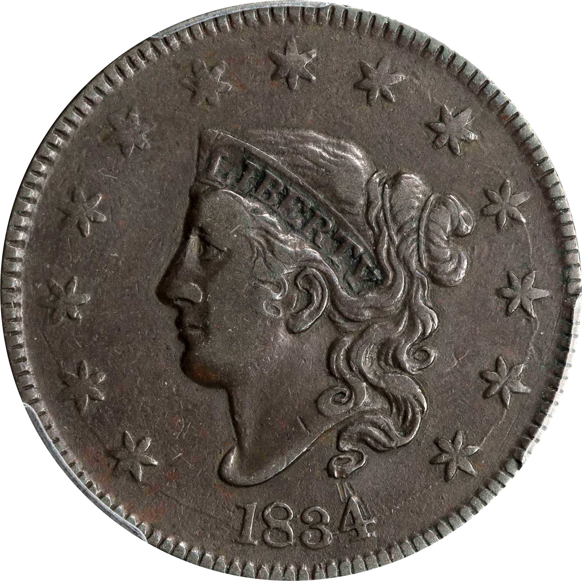 image for: 1834 Matron Head Cent. N-6. Large 8, Stars and Reverse Letters. VF-30 (PCGS).