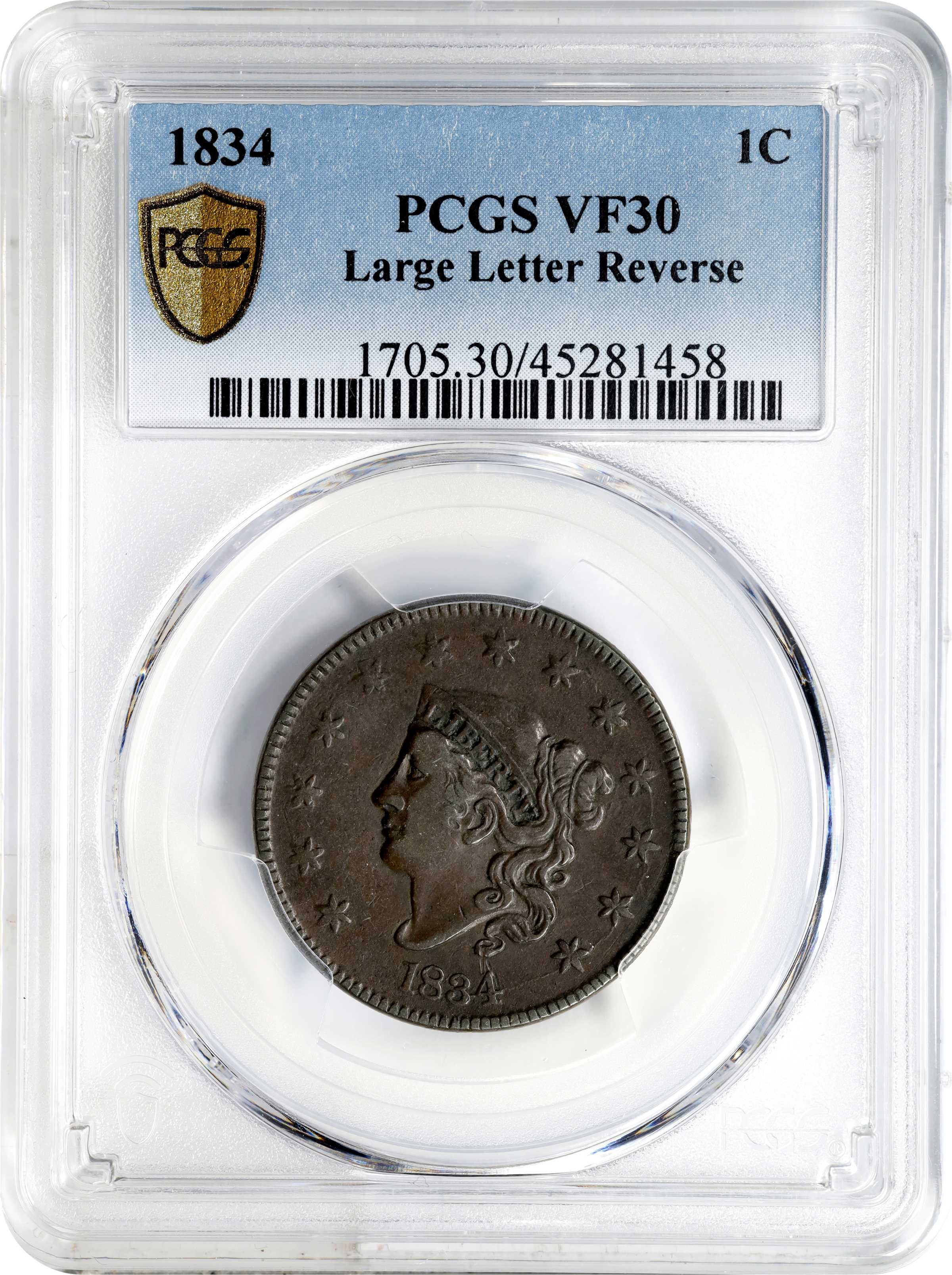image for: 1834 Matron Head Cent. N-6. Large 8, Stars and Reverse Letters. VF-30 (PCGS).