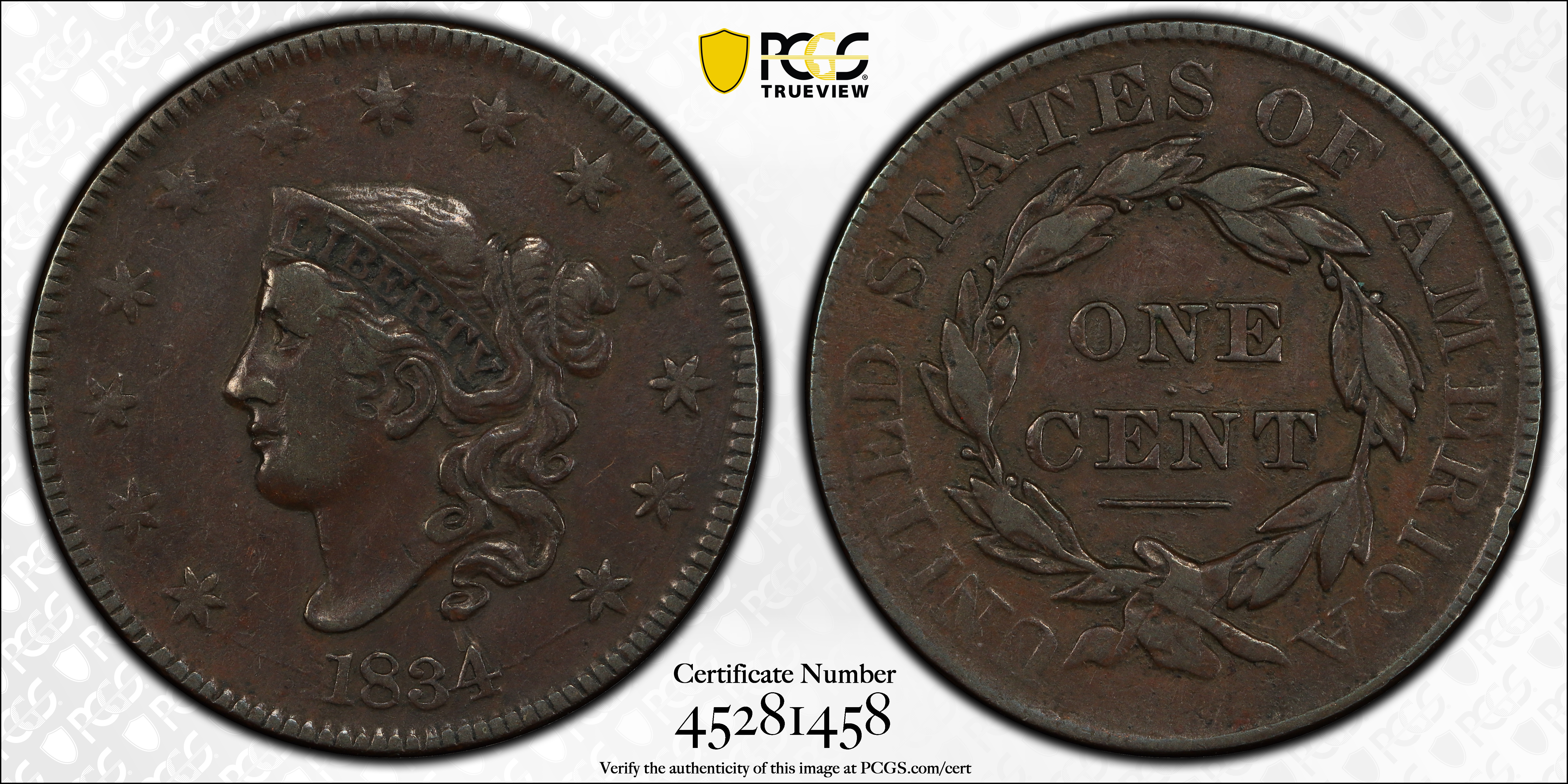 image for: 1834 Matron Head Cent. N-6. Large 8, Stars and Reverse Letters. VF-30 (PCGS).