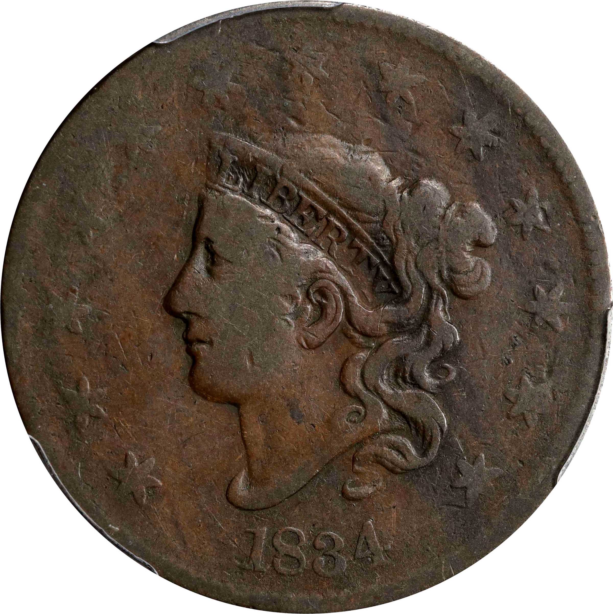 image for: 1834 Matron Head Cent. N-5. Large 8 and Stars, Medium Letters. Fine-12 (PCGS).
