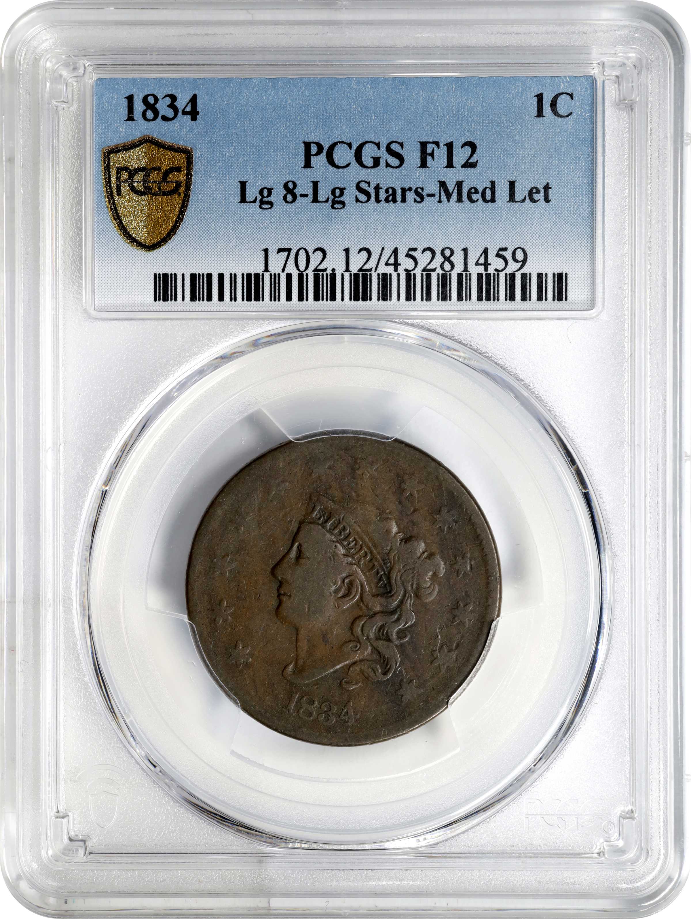 image for: 1834 Matron Head Cent. N-5. Large 8 and Stars, Medium Letters. Fine-12 (PCGS).