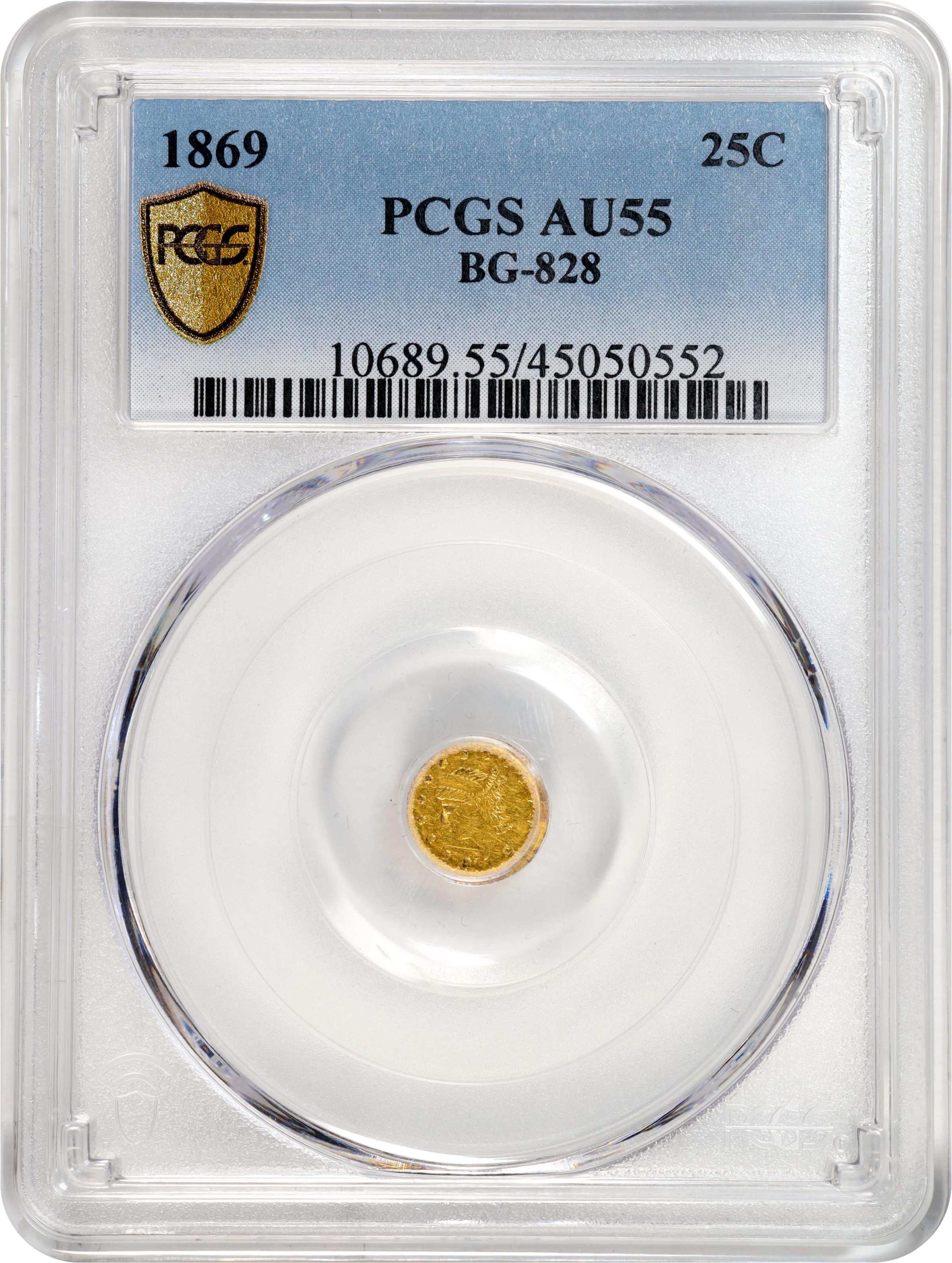 image for: 1869-G Round 25 Cents. BG-828. Rarity-4+. Liberty Head. AU-55 (PCGS).