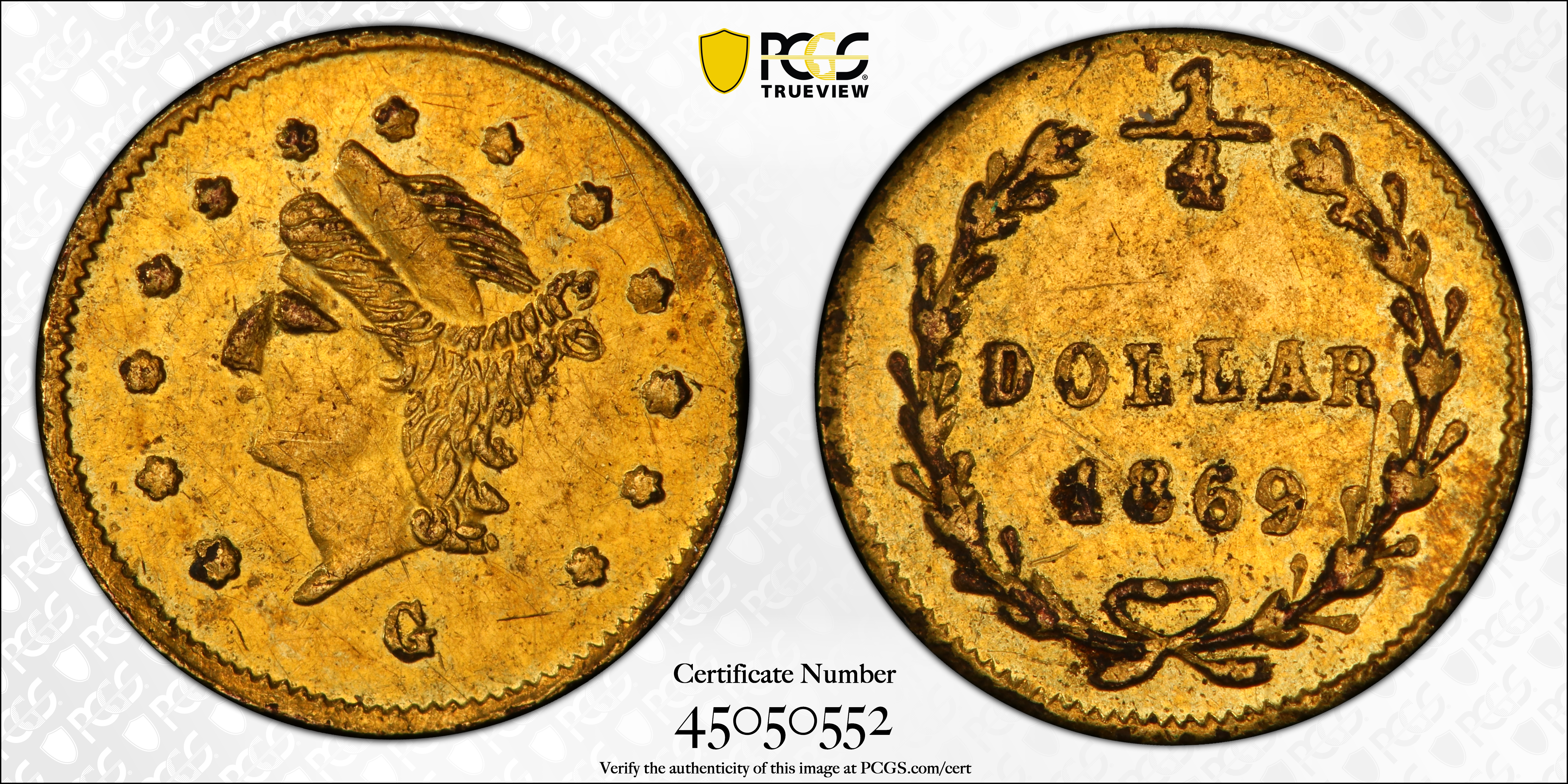 image for: 1869-G Round 25 Cents. BG-828. Rarity-4+. Liberty Head. AU-55 (PCGS).
