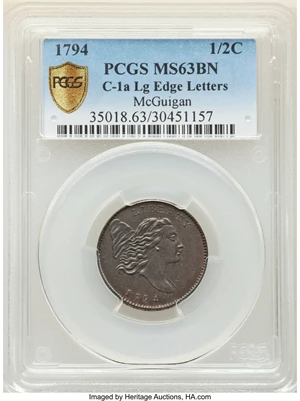image for: 1794 Normal Head, Large Edge Letters, B-1a, C-1a, Low R.3, MS63 Brown PCGS. Our EAC Grade MS62....