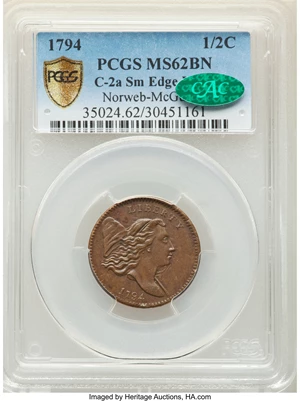 image for: 1794 Normal Head, Small Edge Letters, B-2b, C-2a, Low R.3, MS62 Brown PCGS. CAC. Our EAC Grade AU55....