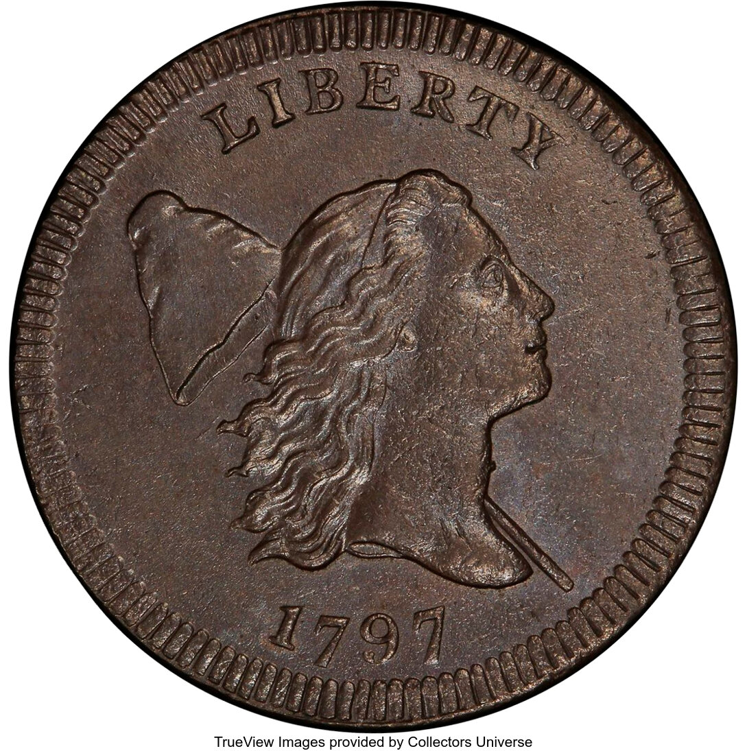 image for: 1797 Centered Head, Plain Edge, B-2a, C-2, High R.2, MS63 Brown PCGS. Our EAC Grade MS62....