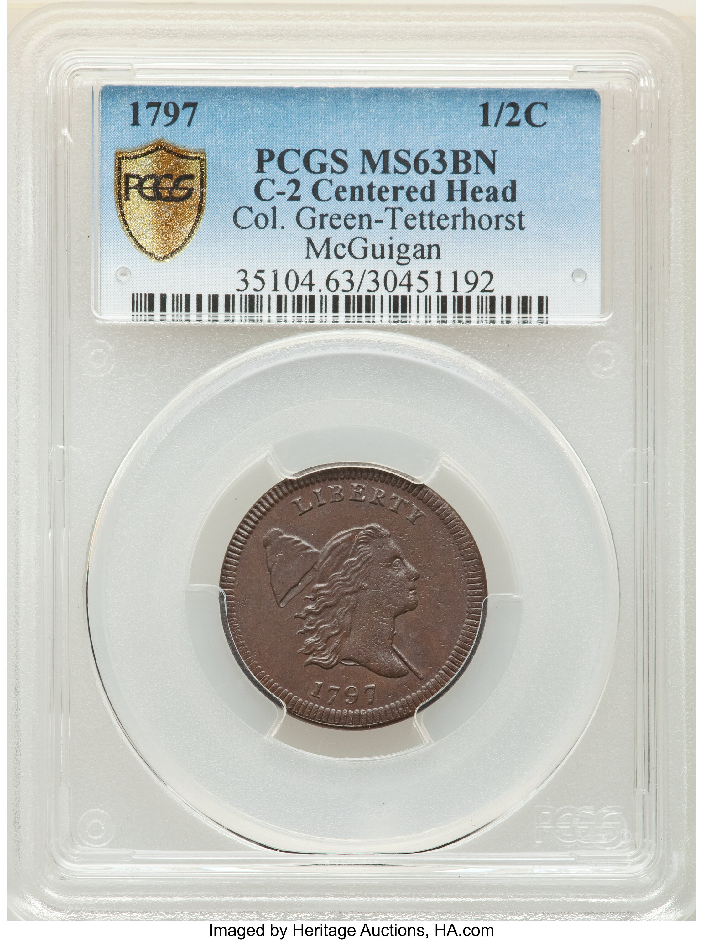 image for: 1797 Centered Head, Plain Edge, B-2a, C-2, High R.2, MS63 Brown PCGS. Our EAC Grade MS62....