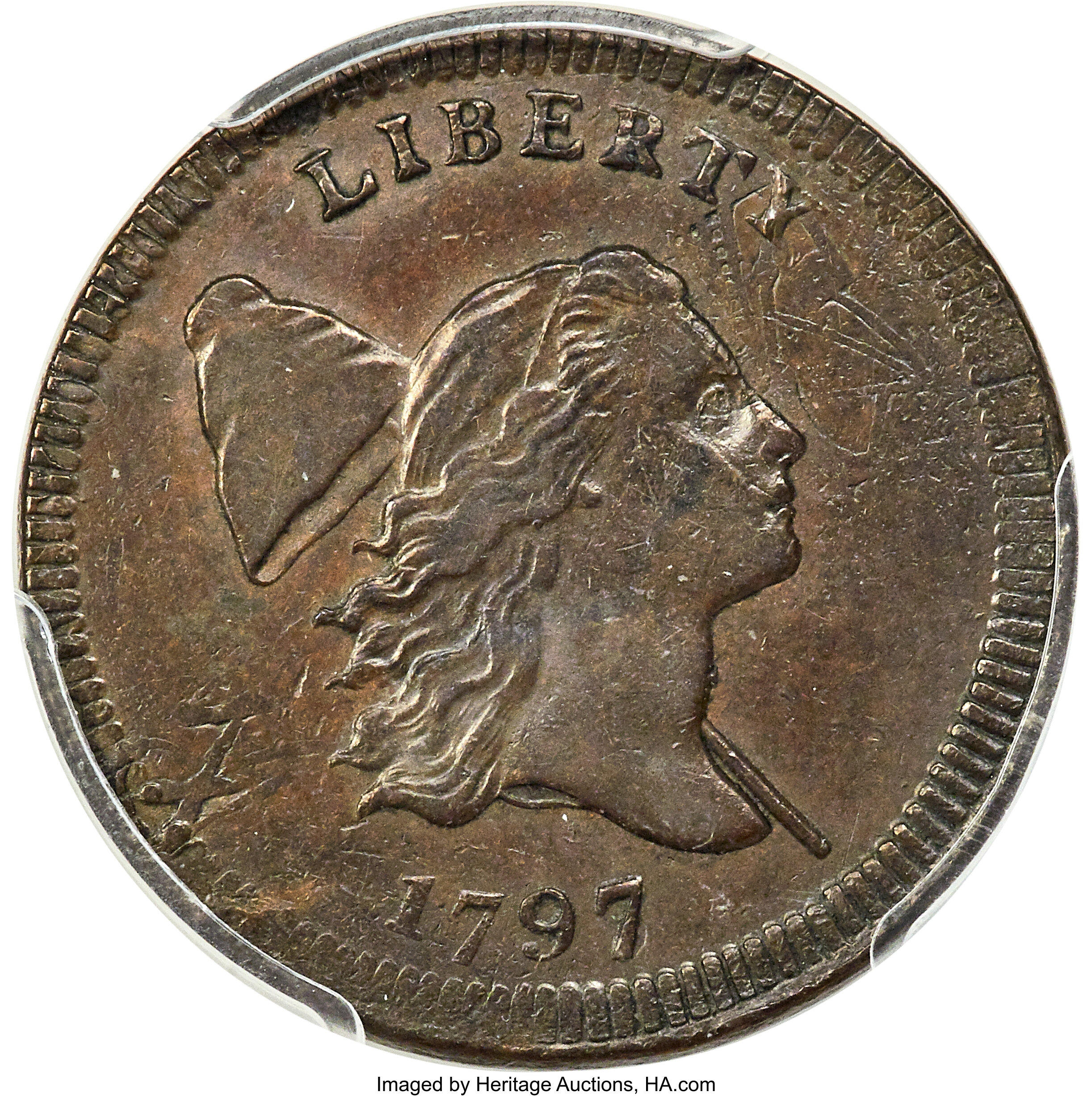 image for: 1797 Centered Head, Plain Edge, B-2c, C-2, R.5 -- Stuck over a Talbot, Allum & Lee Cent -- AU55 PCGS. Our EAC Grade AU50....