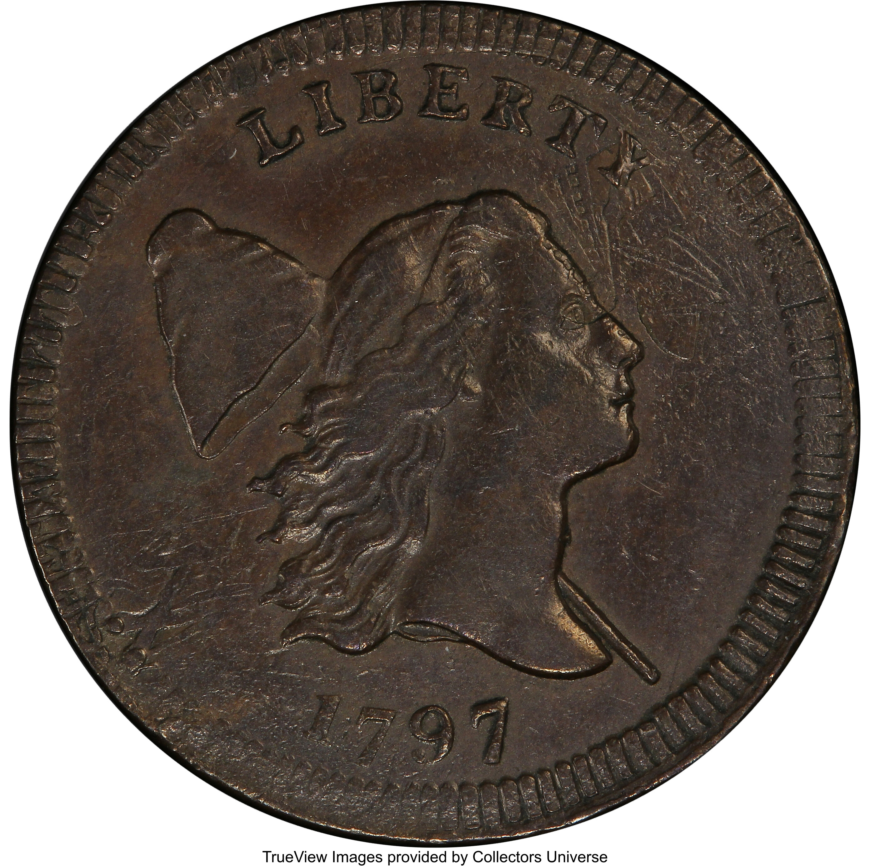 image for: 1797 Centered Head, Plain Edge, B-2c, C-2, R.5 -- Stuck over a Talbot, Allum & Lee Cent -- AU55 PCGS. Our EAC Grade AU50....