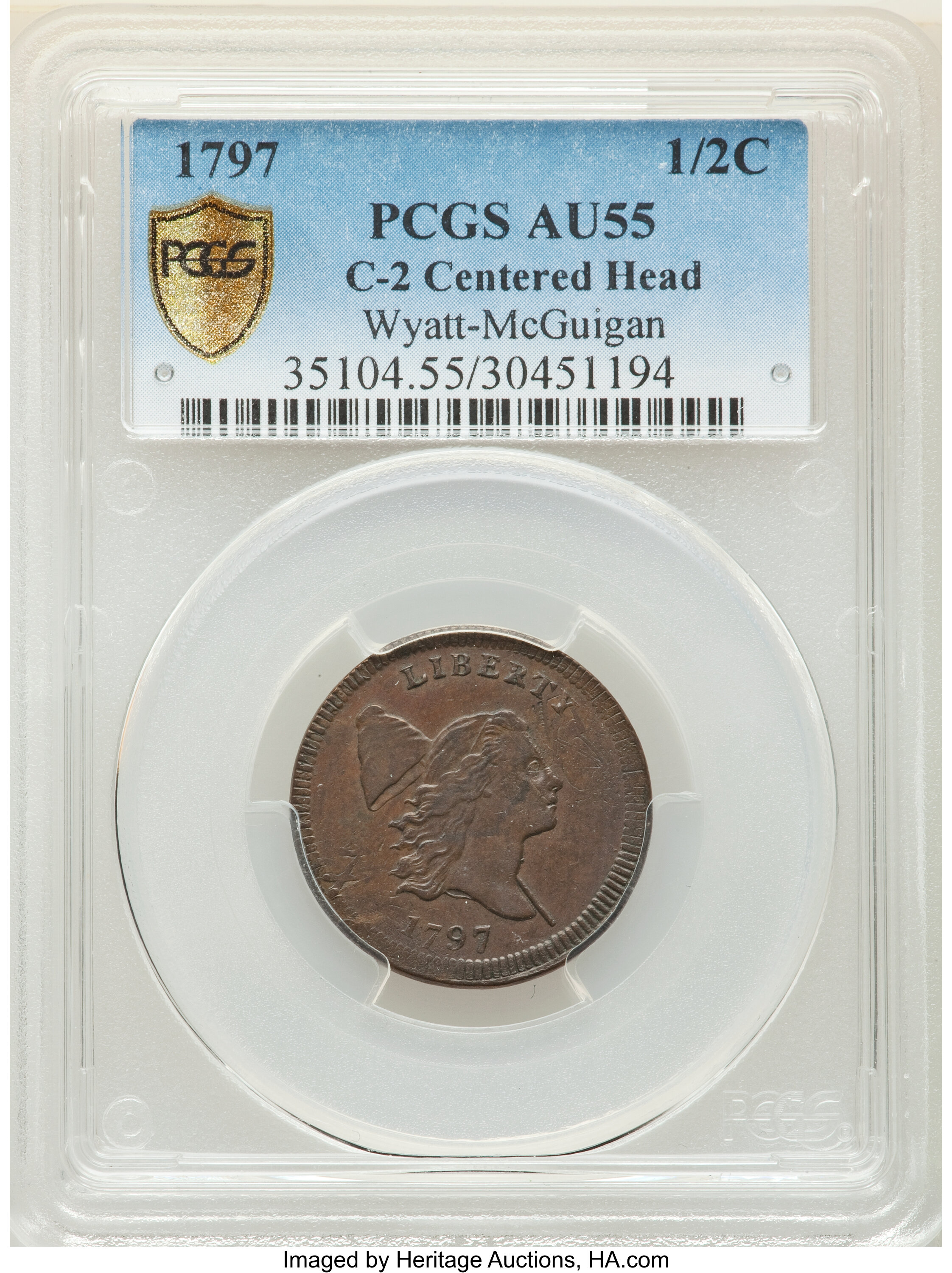 image for: 1797 Centered Head, Plain Edge, B-2c, C-2, R.5 -- Stuck over a Talbot, Allum & Lee Cent -- AU55 PCGS. Our EAC Grade AU50....