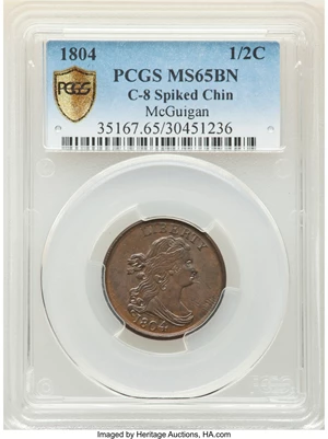 image for: 1804 Spiked Chin, B-7, C-8, R.1, MS65 Brown PCGS. Our EAC Grade MS62....