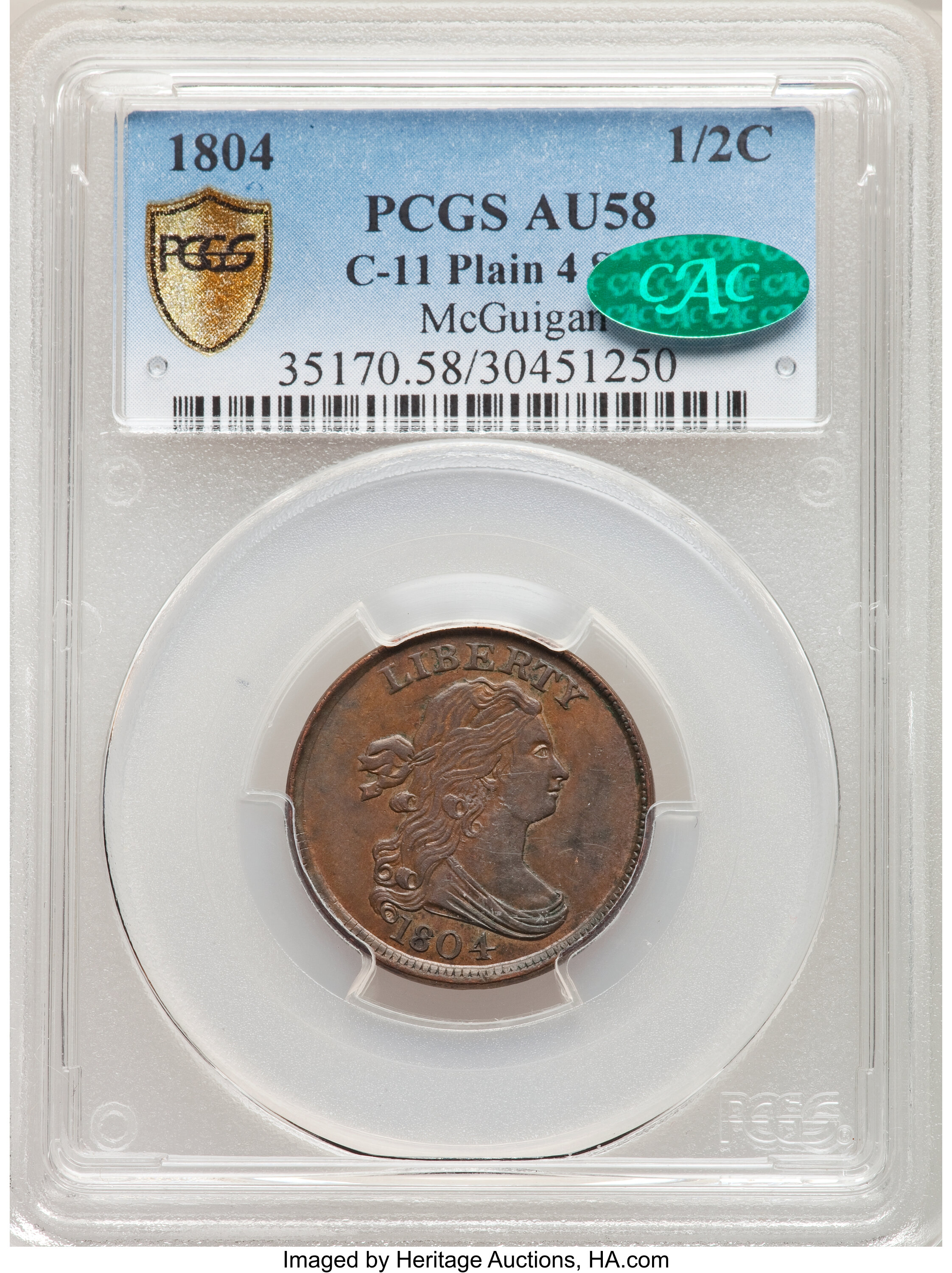 image for: 1804 Plain 4, Stems, B-12, C-11, R.2, AU58 PCGS. CAC. Our EAC Grade AU50....
