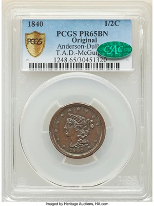 image for: 1840 Original, B-1a, C-PO1, Low R.6, PR65 Brown PCGS. Our EAC Grade PR60. CAC. ...