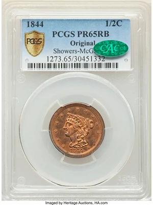 image for: 1844 Original, B-1, C-PO5, High R.5, PR65 Red and Brown PCGS. Our EAC Grade PR64. CAC. ...