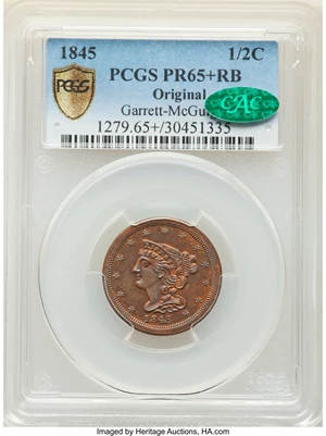 image for: 1845 Original, B-1a, C-PO6, R.6, PR65+ Red and Brown PCGS. Our EAC Grade PR63. CAC. ...