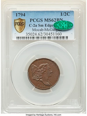 image for: 1794 Normal Head, Small Edge Letters, B-2b, C-2a, Low R.3, MS62 Brown PCGS. Our EAC Grade AU55. CAC....