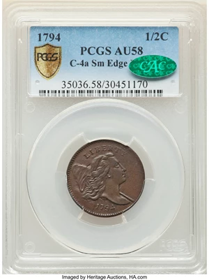 image for: 1794 Normal Head, Small Edge Letters, B-6b, C-4a, R.2, AU58 PCGS. CAC. Our EAC Grade XF45....