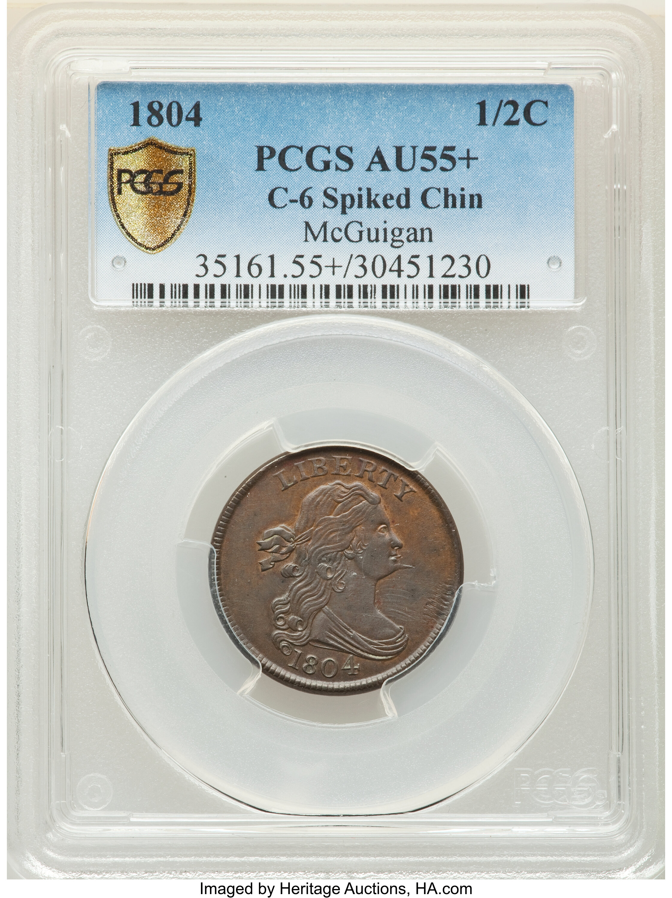 image for: 1804 Spiked Chin, B-6, C-6, Low R.2, AU55+ PCGS. Our EAC Grade AU50....