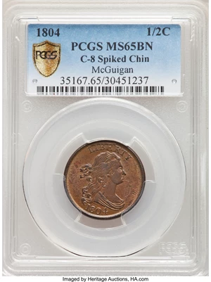 image for: 1804 Spiked Chin, B-7, C-8, R.1, MS65 Brown PCGS. Our EAC Grade MS60....