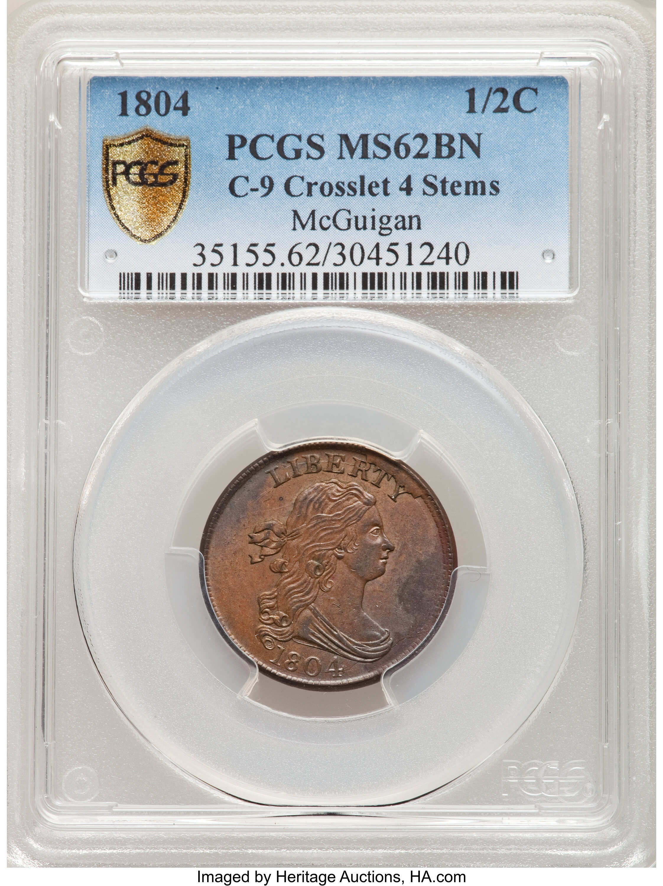 image for: 1804 Crosslet 4, Stems, B-8, C-9, R.1, MS62 Brown PCGS. Our EAC Grade AU55....