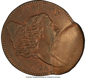 image for: 1794 Normal Head, Small Edge Letters, B-2b, C-2a -- Tab Double Strike -- MS63 Brown PCGS. Our EAC Grade AU50....