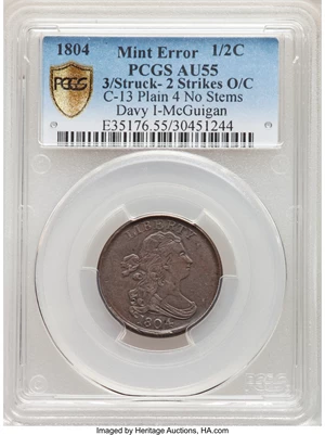image for: 1804 Plain 4, Stemless, B-10, C-13 -- Triple Struck Obverse -- AU55 PCGS. Our EAC Grade XF40....