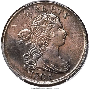 image for: 1804 Plain 4, Stemless, B-10, C-13 -- Struck over a Partial Brockage -- AU58+ PCGS. Our EAC Grade AU55....