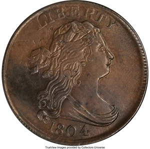 image for: 1804 Plain 4, Stemless, B-10, C-13 -- Struck over a Partial Brockage -- AU58+ PCGS. Our EAC Grade AU55....