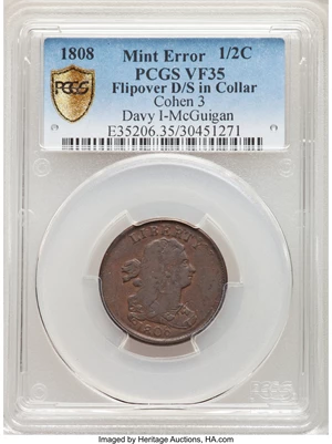 image for: 1808 Normal Date, B-3, C-3, R.1 -- Flip-Over Double Strike -- VF35 PCGS. Our EAC Grade Fine 15....