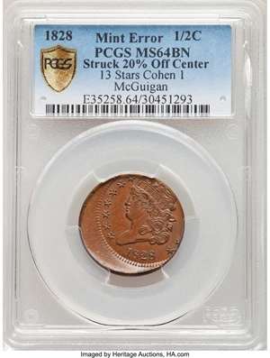 image for: 1828 13 Stars, B-1, C-1 -- Off-Center -- MS64 Brown PCGS. Our EAC Grade MS62....