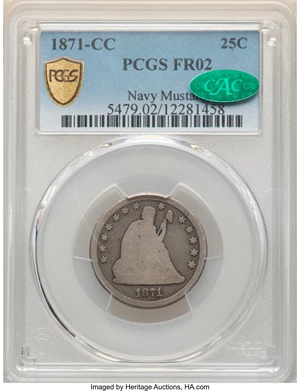 image for: 1871-CC 25C Fair 2 PCGS. CAC. Briggs 1-A, Flynn-RPD-001....