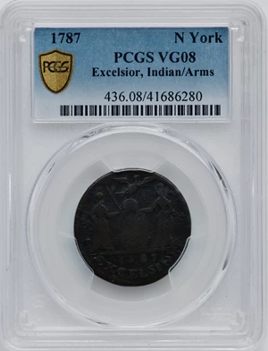 image for: 1787 N YORK New York Excelsior Copper, Indian and New York Arms VG8 PCGS. W-5795, High R.6....